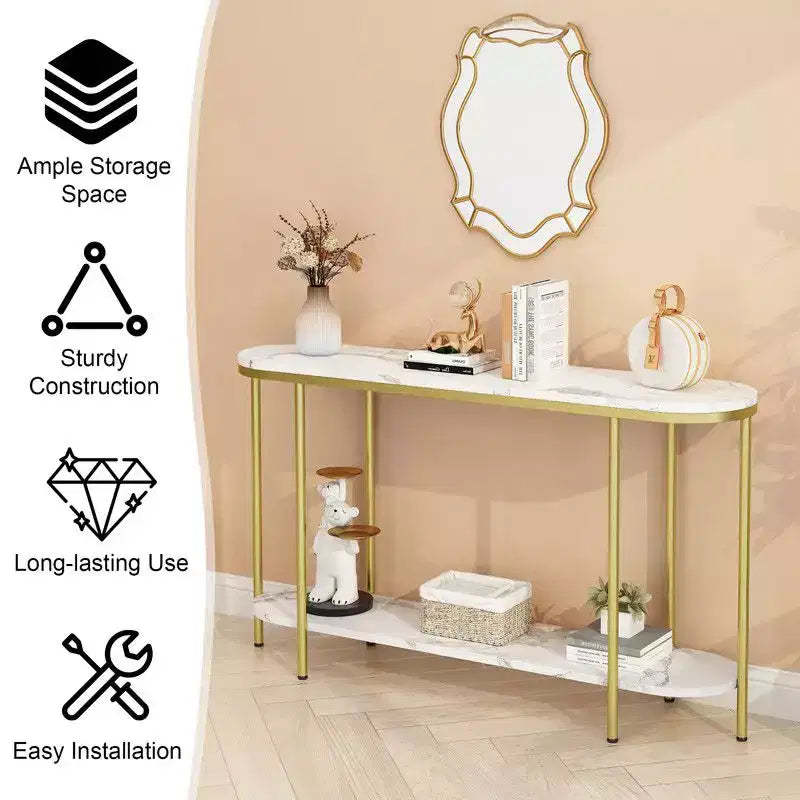 2 Layers Long Oval Density Board with Triamine Iron 42.13in White Marble Top Gold Frame Entrance Table
