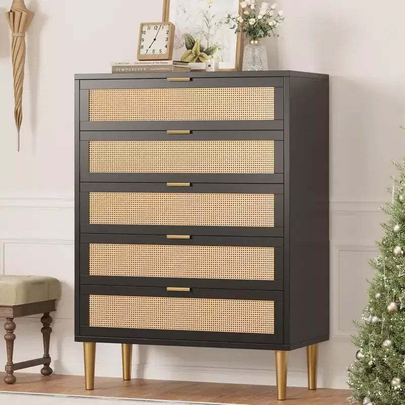 Acekool Tall Rattan 5-Drawer Dresser  Space-Saving Vertical Storage with Metal Accents