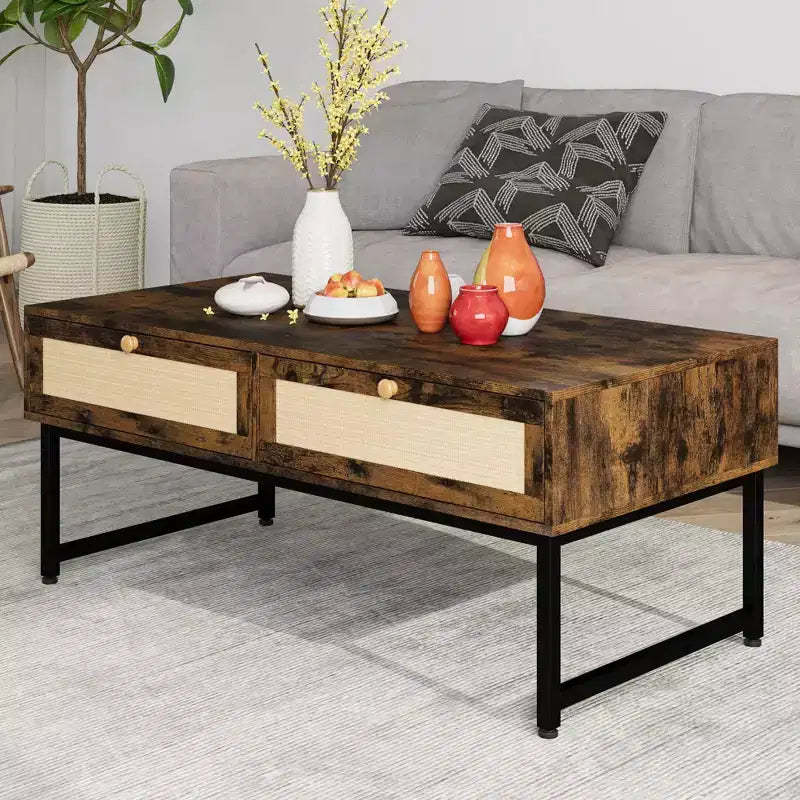GustoWave 45.6 Coffee Table, Mid Century Modern Center Table with 2 Rattan Drawers & Metal Frame for Living Room