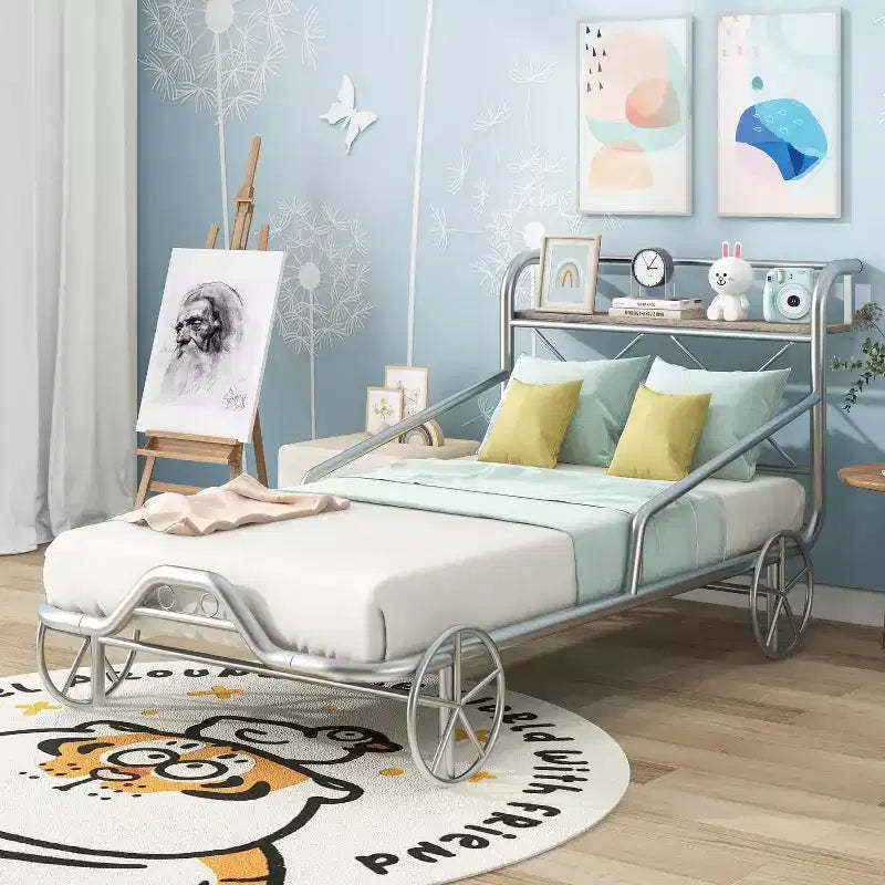 Acekool Twin Size Car Bed for Kids with Wheels, Metal Slat Support, Guard Rails, Storage Shelf, Red Race Car Design