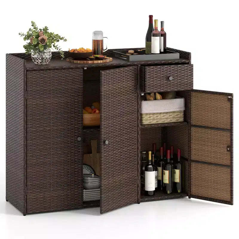 Costway Outdoor PE Wicker Storage Cabinet with 3 Doors Adjustable Shelves and Drawer