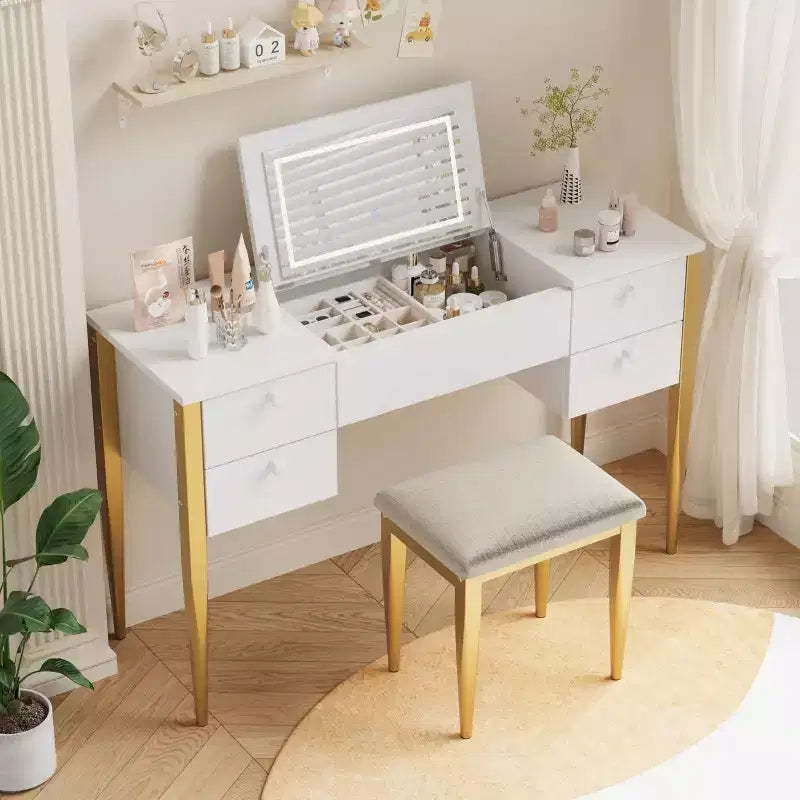 GustoWave Makeup Vanity Desk with Mirror and Lights, 3 in 1 Make Up Vanity Table with Lighted Mirror, 3 Lighting Mode, Flip Top Vanity Set with Stool