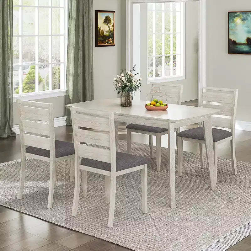 VECELO 5-Piece Farmhouse Style Dining Table Set, Rubber Wood Table and 4 Upholstered Dining Chairs, Gray