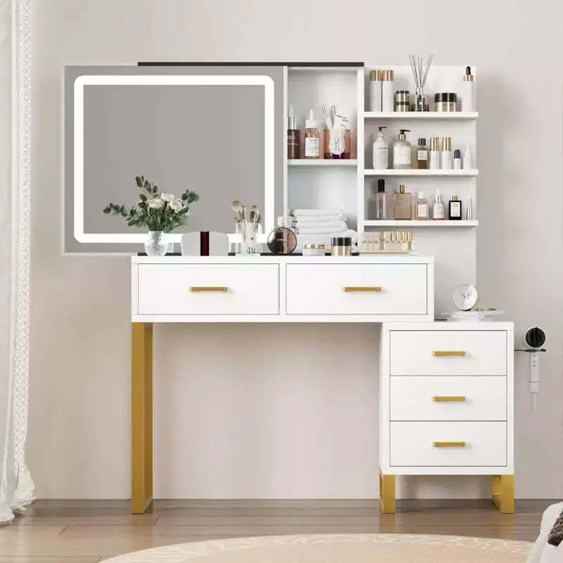 GustoWave Vanity Desk with Mirror, Makeup Vanity Desk Charging Station,LED Light with 3 Lighting Modes, 5 Large Drawers and 3 Tiers of Open Shelves