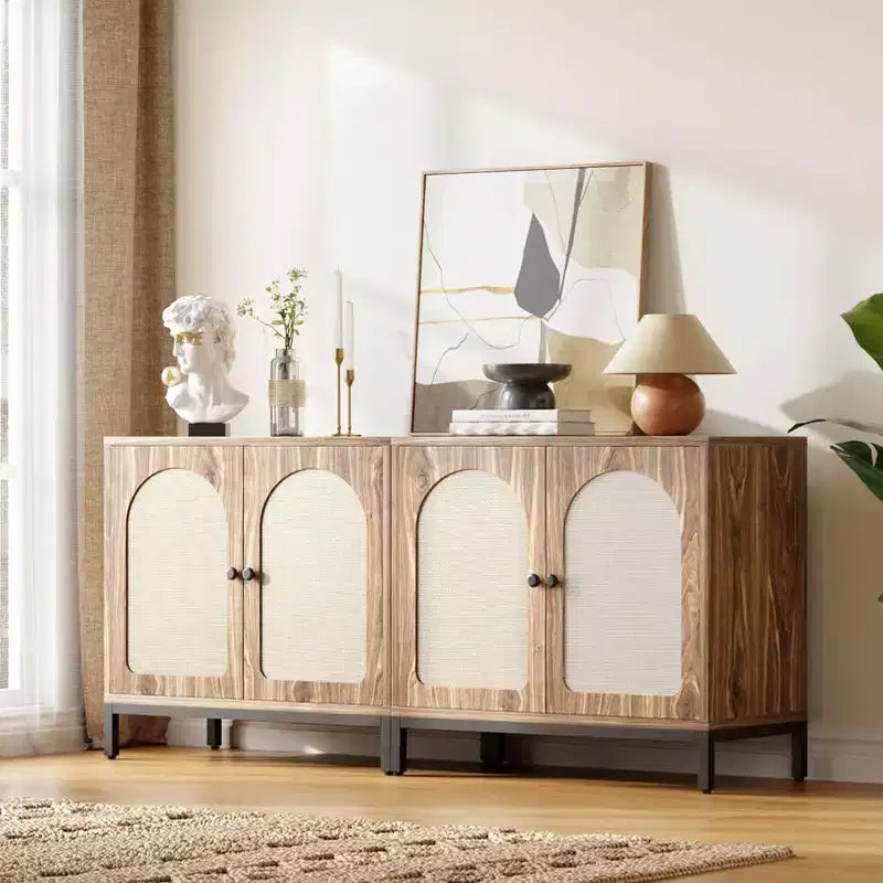 Rattan Sideboard Buffet Cabinet Set of 2, Kitchen Storage Cabinet with Storage, Accent Cabinet with Adjustable Shelves