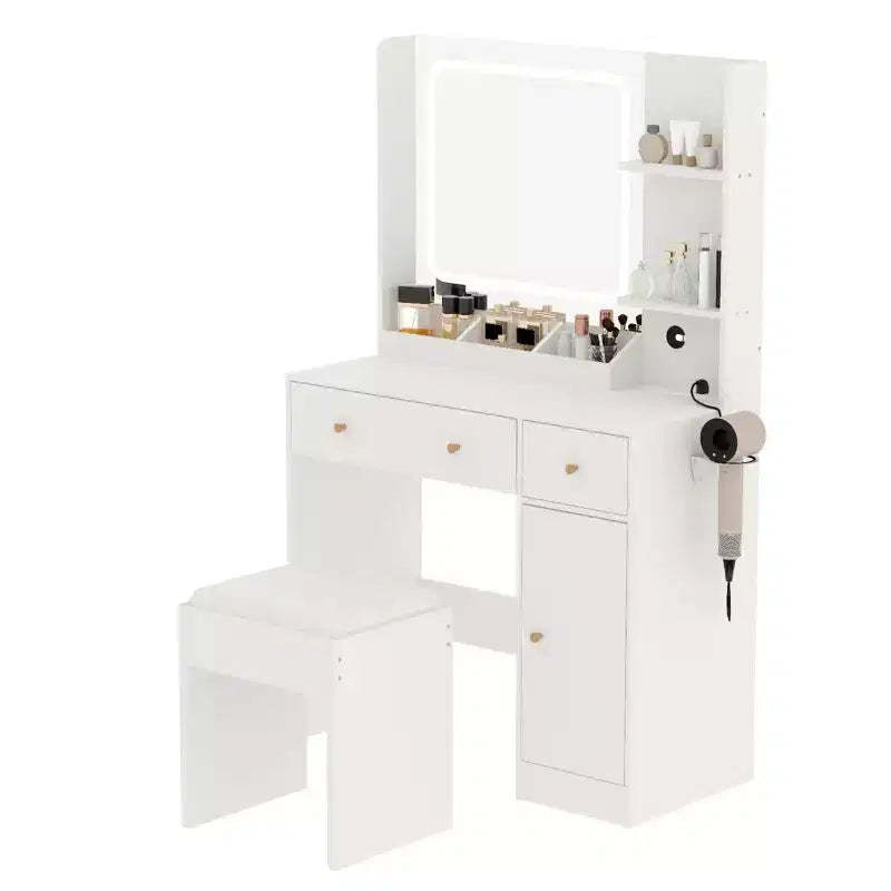 GustoWave Vanity Desk with Mirror and Lights, Power Outlet, Makeup Vanity Table Set with Stool, 3 Lighting Modes,Adjustable Brightness, Dressing Table