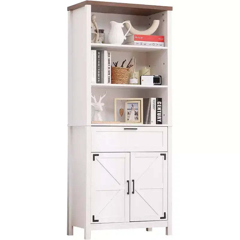 COZONY 72 Tall 6-Tier Farmhouse Bookshelf with Doors, Cabinet & Drawer  Wooden Bookcase with Adjustable Shelf for Living Room, Kitchen & Bedroom