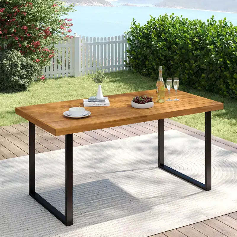Costway 63 Acacia Wood Dining Table with Heavy-Duty Metal Legs 1.97 Umbrella Hole