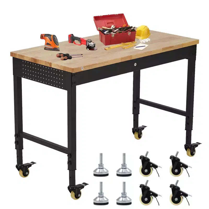 CuisinSmart 48''x24'' Adjustable Rolling Workbench, Heavy Duty Work Bench with Power Outlets, Lights, Storage Drawer, Pedboard, 30 Hooks