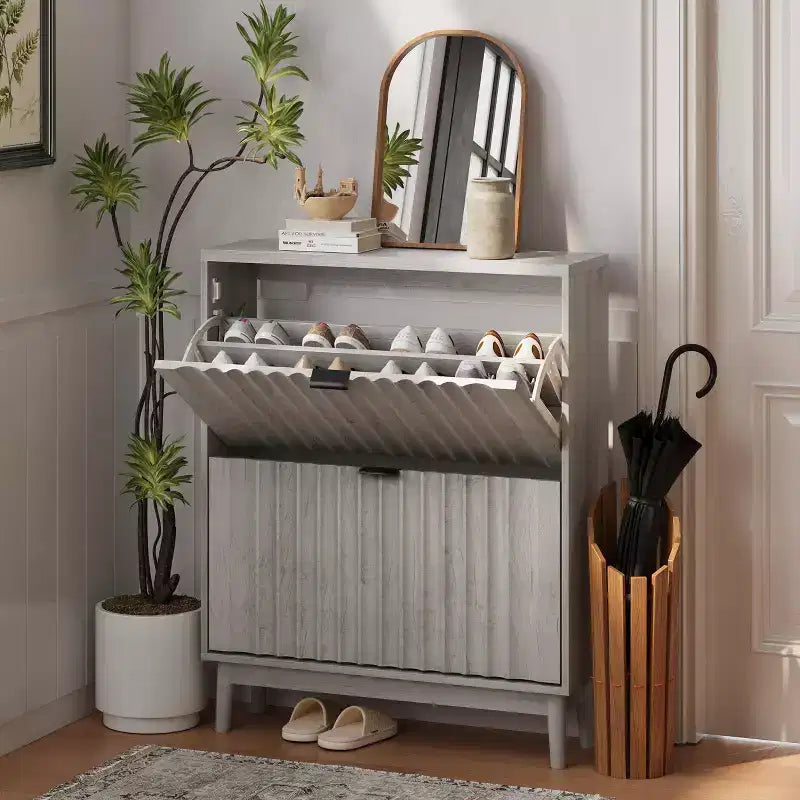Shoe Cabinet With Wave Doors, Shoe Cabinet For Entryway, Modern Shoe Rack Organizer With 2 Flip Drawers For Hallway, Closet, Entrance, Closet, Grey