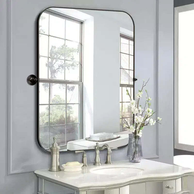 1-Piece Black 23 in.W x 31 in.H Iron Round Corner Rectangular Hardware Hanging Mirror Wall Mirror