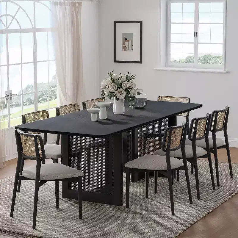 PexFix 79 x 33.5 Farmhouse Kitchen Dining Room Table Furniture Square Black Kitchen Table with Rattan Woven Legs for Kitchen Bar Living Room