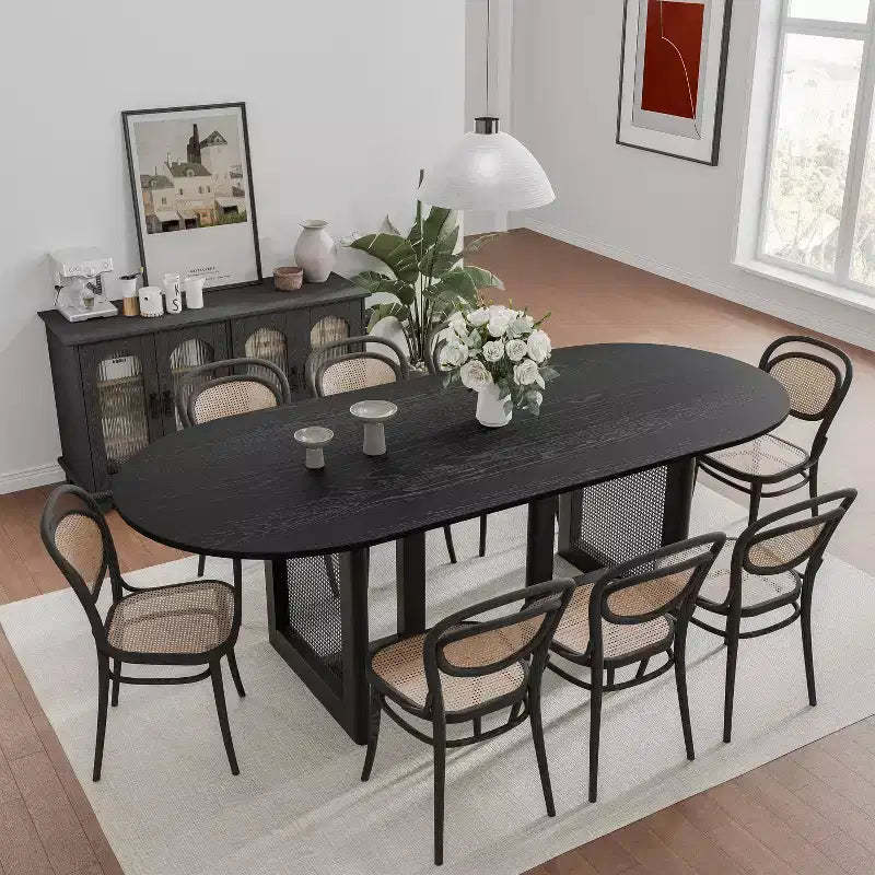 PexFix 79 x 33.5 Farmhouse Kitchen Dining Room Table Home Furniture Oval Black Kitchen Table with Rattan Woven Legs for Kitchen Bar Living Room