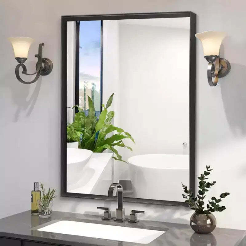 Acekool 40 x 30 Inch Black Frame Bathroom Mirror, Floating Glass Rectangular Wall Mirror with Brushed Aluminum Frame, Vertical or Horizontal Mount