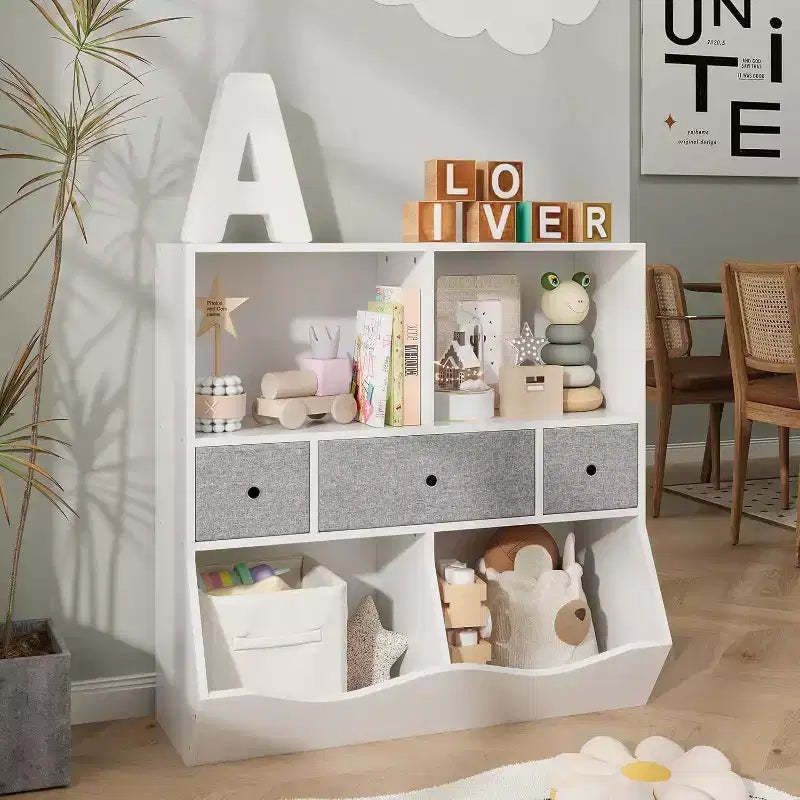 Acekool Kids Toy Storage Organizer, Bookshelf with Shelves, Bins and Drawers, Child-Safe Storage Cabinet for Playroom or Bedroom, 37 x 15 x 37 Inch