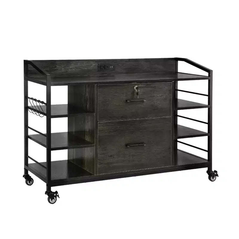 VEVOR 2 Drawers Metal File Cabinet, Lateral Filing Cabinet with Lock and 6 Open Shelves, Wooden Wide Filing Storage Cabinets with Power Strip, Gray