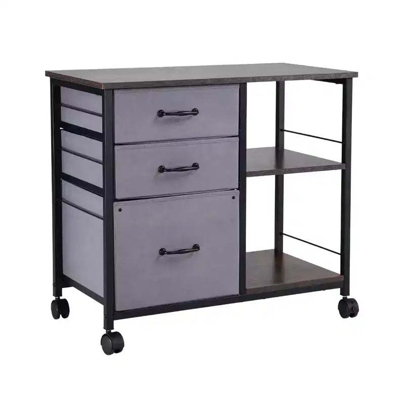 VEVOR Metal File Cabinet, Mobile Filing Cabinet with 3 Fabric Drawers and 2 Open Shelves, Wooden Vertical Filing Storage Cabinets with Wheels, Brown