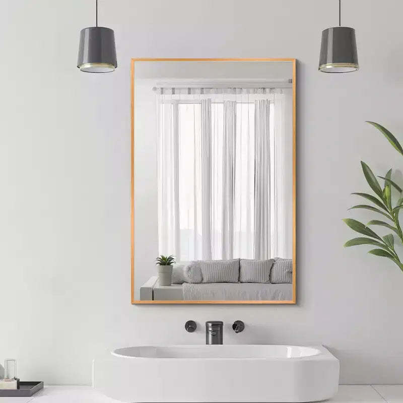 1-Piece 36 In.H x 24 In.W Aluminum Alloy Thin Edged Right Angled Rectangle Gold Hanging Mirror Wall Mirror