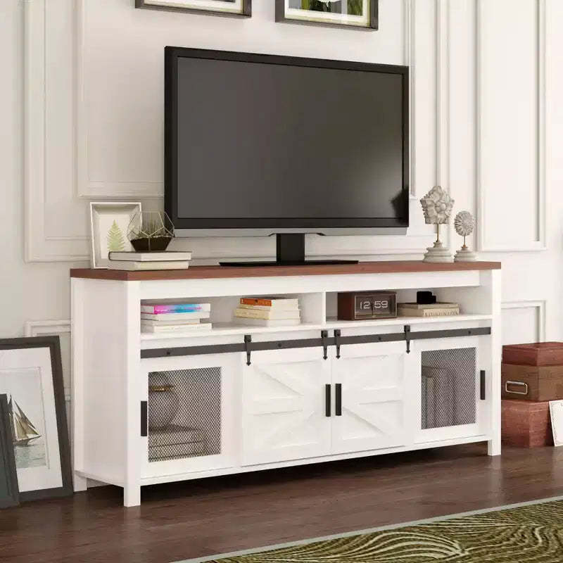 TV Stand, Entertainment Center - Farmhouse Media Console with Sliding Barn Doors & Mesh Doors, Rustic Wood Industrial Storage
