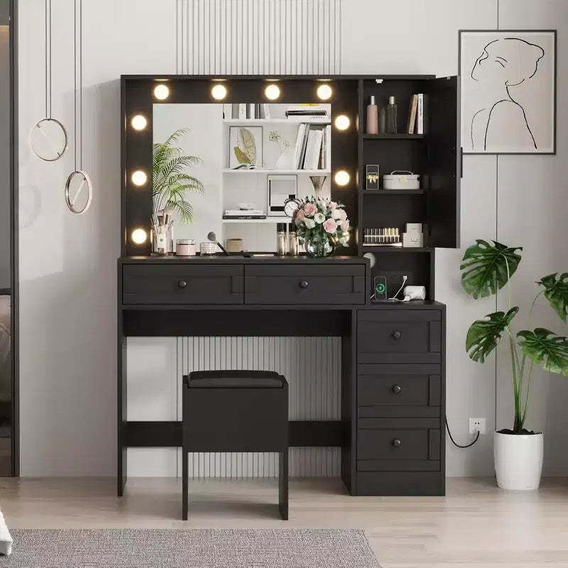 Vanity Desk, Makeup Table - with Lights & Stool, 3-Color LED Mirror, Charging Station & Hidden Storage, Modern Black Vanity Set