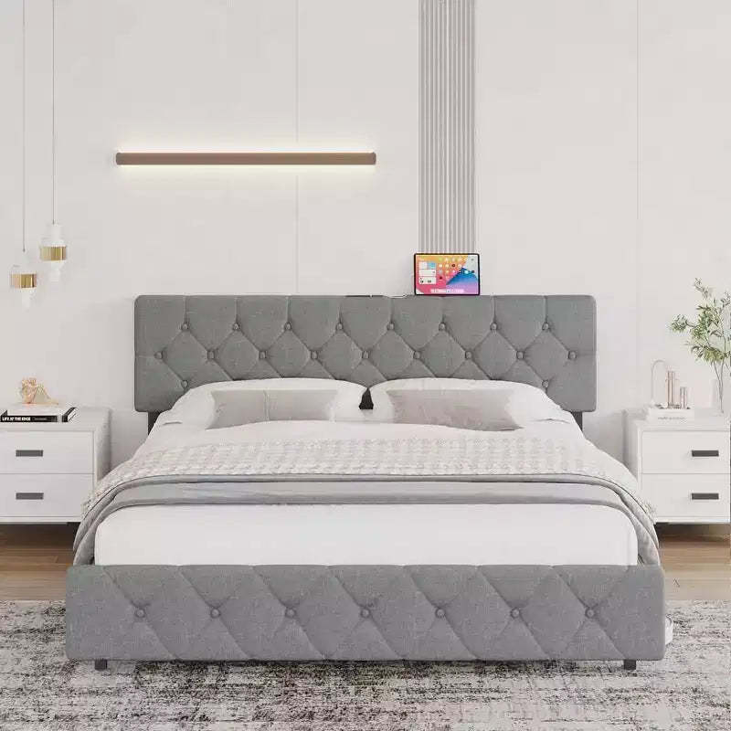 Bed Frame, Full Size Bed - Upholstered Platform with Adjustable Headboard, Linen Fabric, USB Ports, No Box Spring Needed (Light Gray)