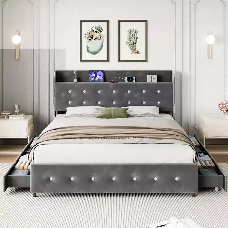 Queen Size Bed Frame with Storage - Upholstered Platform Bed with Charging Station, Trundle & 4 Drawers, Grey