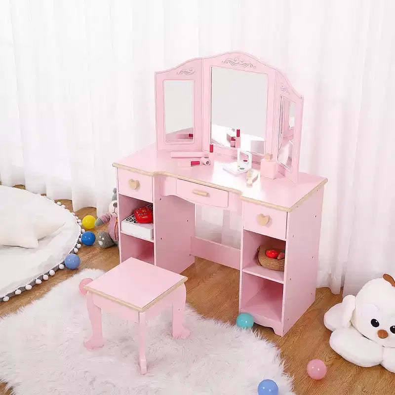 COZONY Pink Kids Vanity Set - Tri-Fold Mirror Play Table with Stool & Storage for Girls