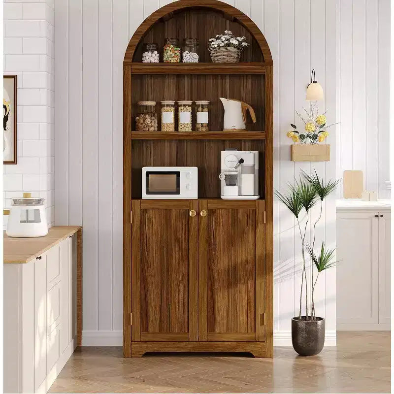 Acekool Tall Wood Arch-Top Storage Cabinet, 5-Shelf Bookcase with Doors, Adjustable Pantry Cupboard for Living Room Kitchen