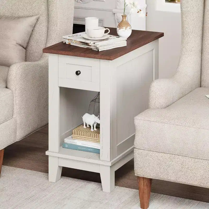 Acekool Narrow Side Table with Charging Station, Set of 2 Small Farmhouse End Tables with Storage Drawer, USB & AC Outlets, Nightstand