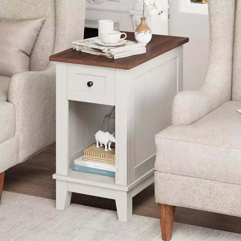 Acekool Narrow Side Table with Charging Station, Set of 2 Small Farmhouse End Tables with Storage Drawer, USB & AC Outlets, Nightstand