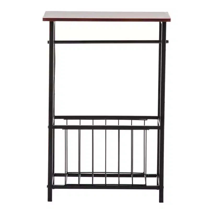 Disassembled and Assembled Coffee-colored Density Board Tabletop, Black Powder-coated Iron Frame, Rectangular Side Table