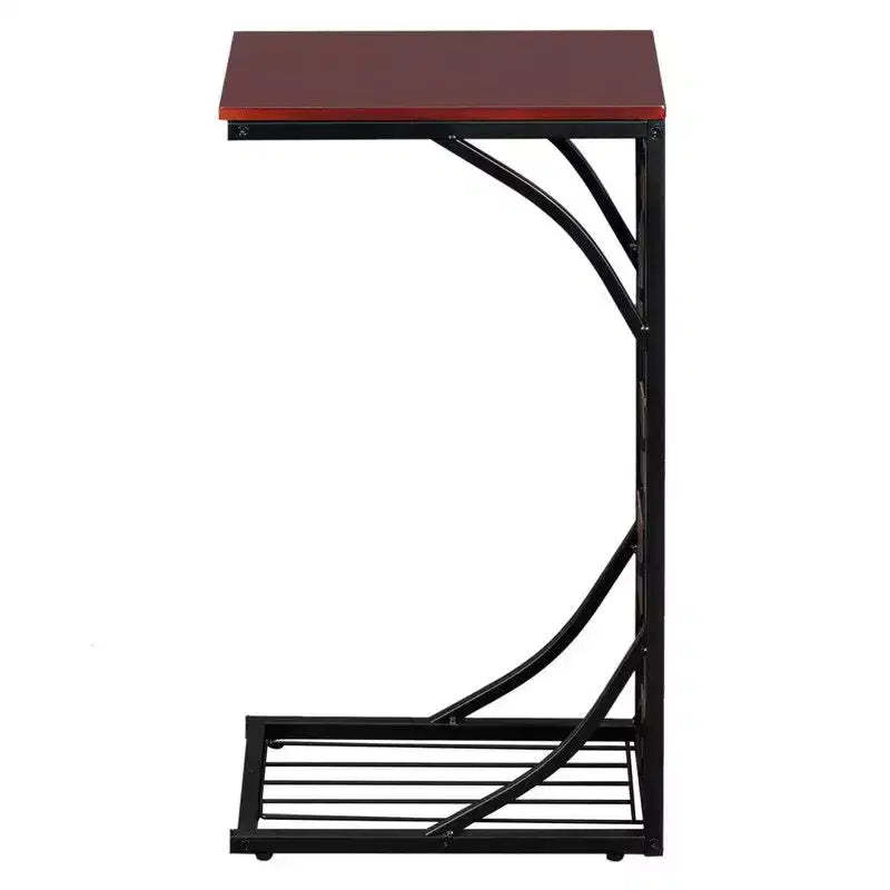Disassembled and Assembled Single-layer C-shaped Table with Brown Density Board Tabletop, Black Powder-coated Iron Frame, Gravel Pattern Side Table