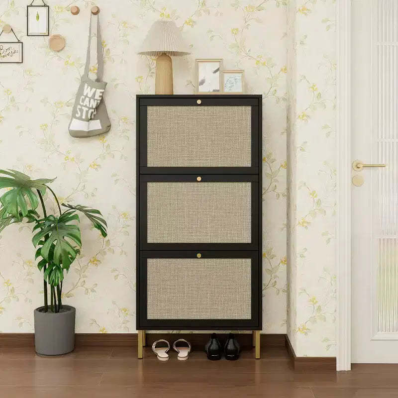 MAYEERTY Rattan Shoe Cabinets with 3 Doors Freestanding Modern Shoe Storage Shoe Racl for Entryway Black