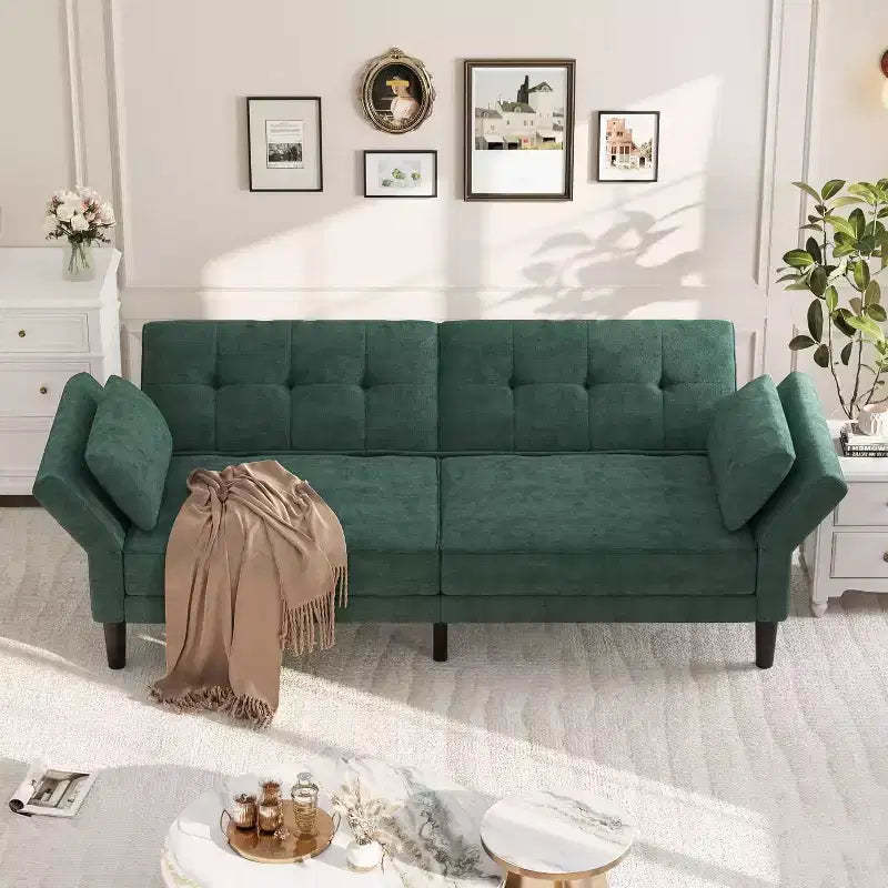 89 Chenille Futon Sofa Bed, Modern Convertible Sleeper Couch with Adjustable Backrest & Armrests, 3-Seat Sofa with 2 Pillows for Apartment