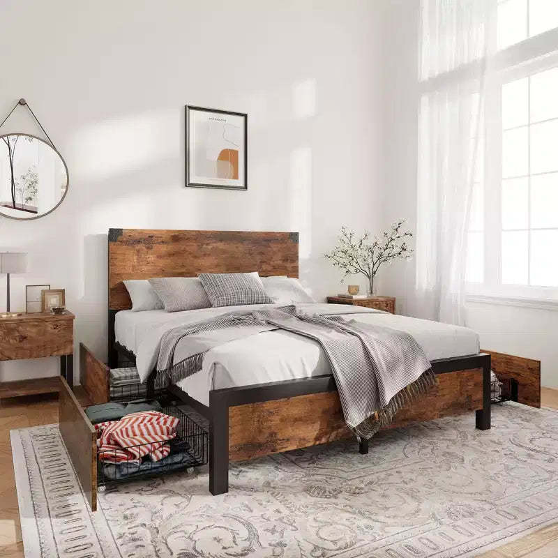 Queen Size Bed Frame with 4 Storage Drawers and Heavy Duty, Strong Metal Support Bed Frame with Wooden Headboard, No Box Spring Needed, Easy Assembly