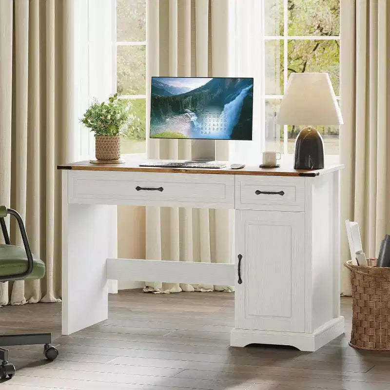 Acekool 47 Executive Farmhouse Desk with Drawers and Storage Cabinet, Rustic Home Office Computer Desk in Antique White