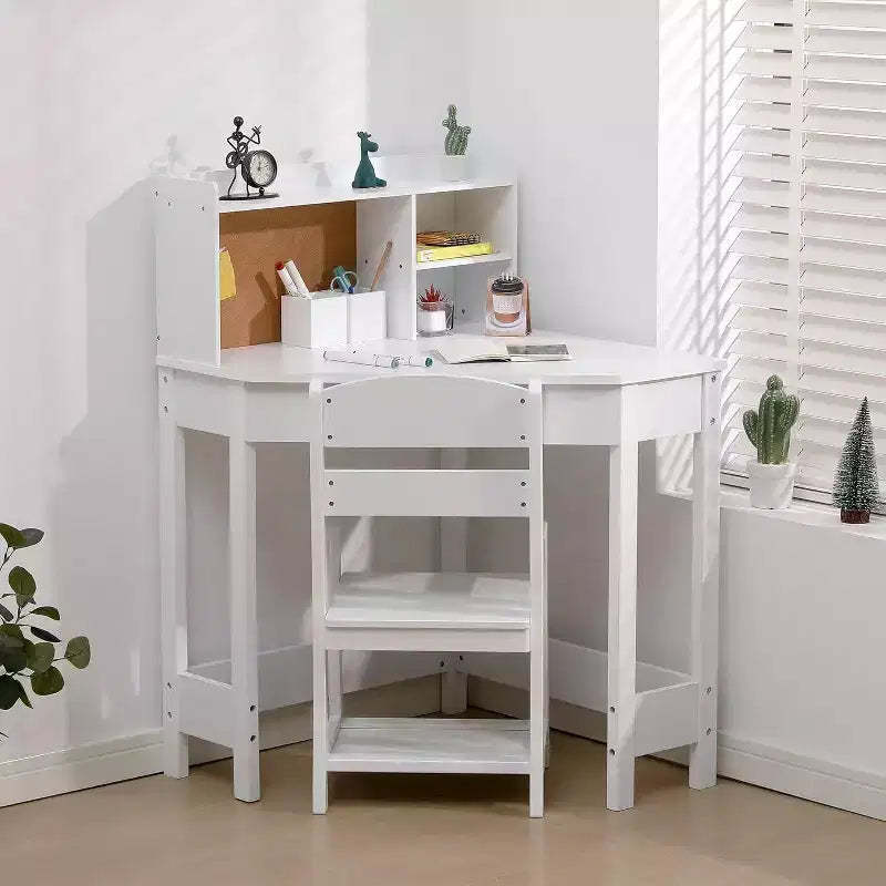 Acekool Kids Desk and Chair Set, Wooden Corner Study Table with Bookshelf, Bulletin Board, and Pen Holder, White