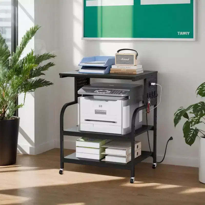 Karl Home 3-Tier Printer Stand with Wheels and Plug Board P2 Particleboard Black Emboss 23.6x18.9x31.5 Inches