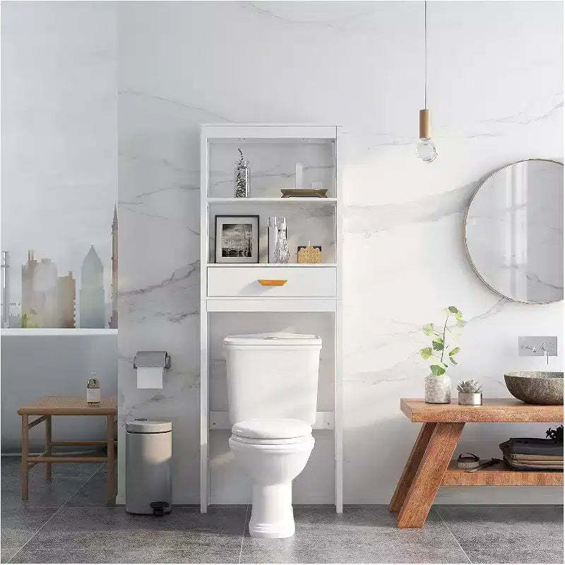 Acekool Bathroom Over Toilet Storage Cabinet with 1 Drawer and 2 Open Shelves, Freestanding Wooden Storage Shelf for Bathroom White