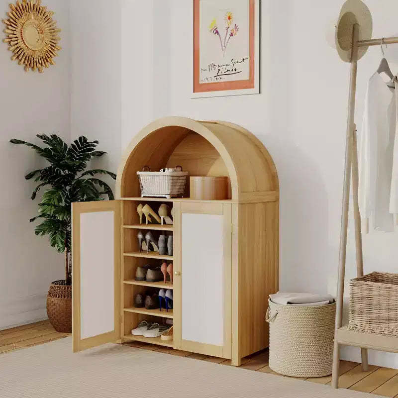 5 Tier Arched Shoe Storage Cabinet with Rattan Doors and Adjustable Shelves for Entryway, Hallway, Living Room, Natural Wood