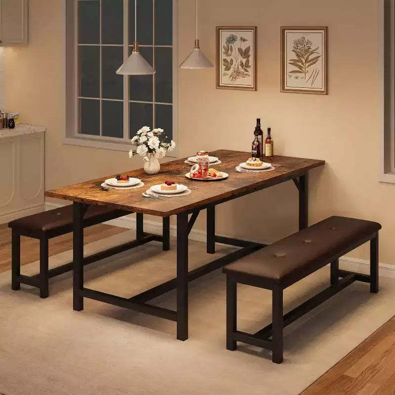 Farmhouse Extendable Dining Table Set for 4/ 6, Large Dining Table Set with Two Upholstered Benches, for Home, Dining room Rustic Brown