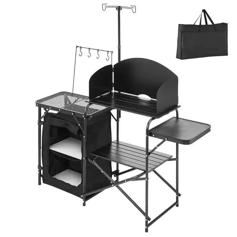VEVOR Camping Kitchen Table, Outdoor Camp Cooking Table, Aluminum Portable Cook Station with Storage Cupboard, Carrying Bag, Black