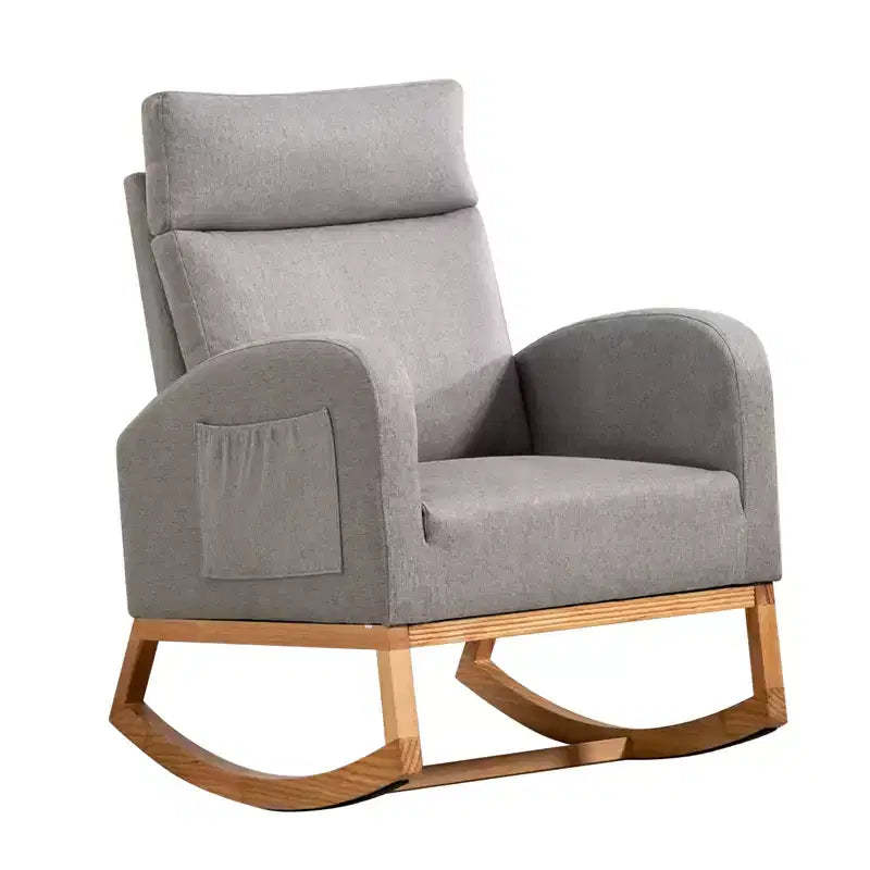 Rocking Chair Nursery, Upholstered Glider Chair with Side Pocket, High Back Comfy Accent Chair with Rubber Wood Legs for Bedroom Living Room