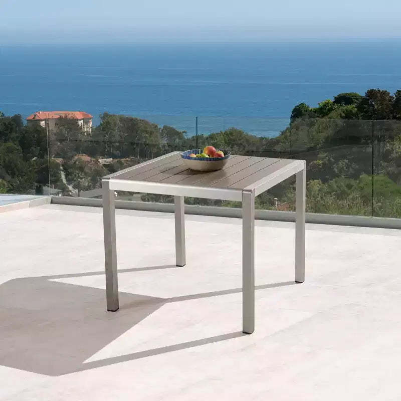 GDFStudio Crested Bay Outdoor Aluminum Square Dining Table with Faux Wood Slatted Top
