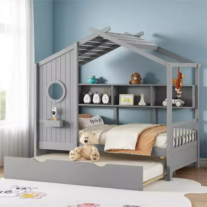 Merax Wooden House Bed with Trundle & Built-In Storage Shelves