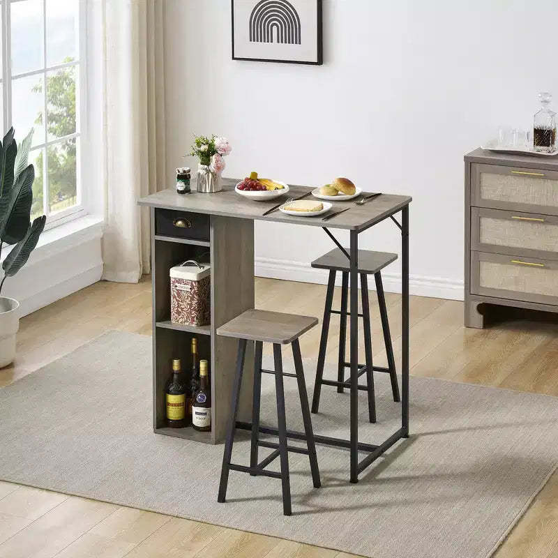 3-Piece Small Bar Table and Chairs Set  Space Saving Pub Table with Storage Drawer & Shelf, Retro