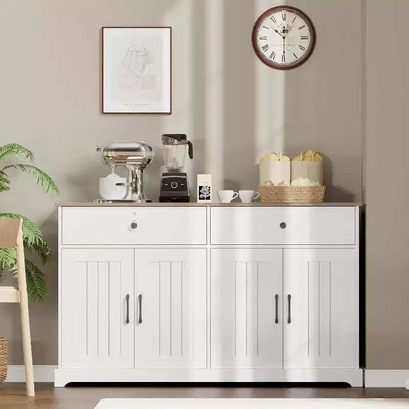 56 Farmhouse Buffet Cabinet - Storage Sideboard with Drawers, Adjustable Shelf & Barn Doors,White