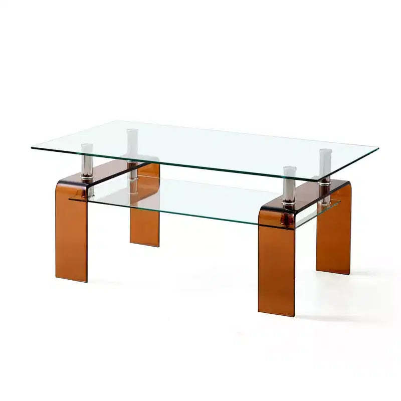 HomeRoots 39 Clear and Brown Glass Coffee Table With Shelf