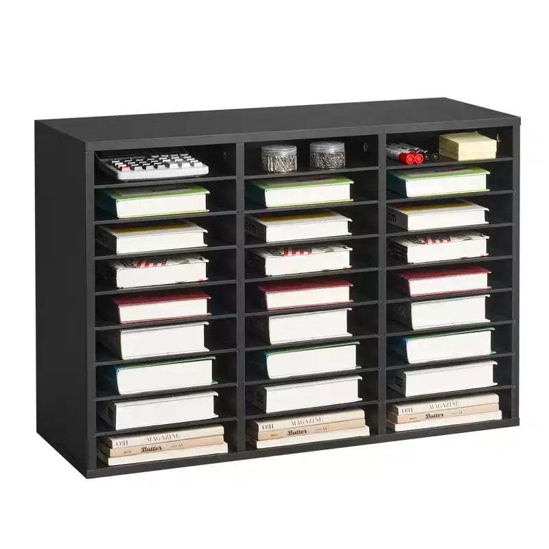 VEVOR Literature Organizer, 27 Compartments Office Mailbox with Removable Shelves, Wooden Mailbox Sorter Particle Board, Black