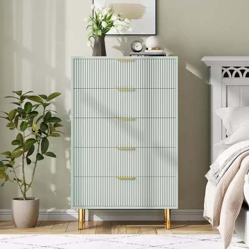 TROPOW Green Dresser, Modern 5 Drawer Dresser for Bedroom with Gold Handle and Large Drawer, Wood Double Chest of Drawers,Green